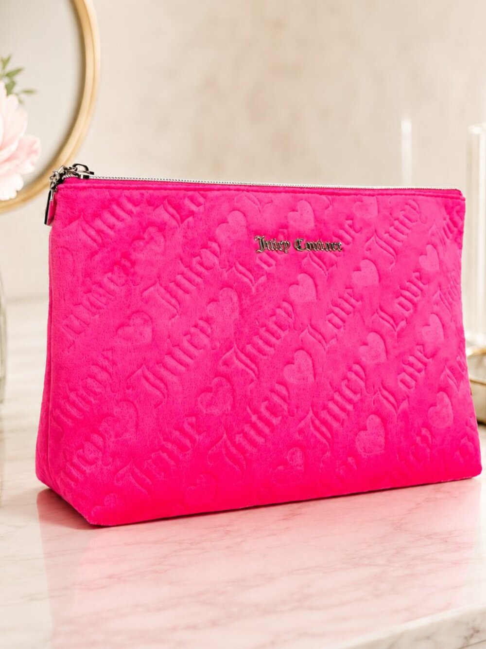 Juicy Couture Pink Velour Travel Cosmetic Bag Toiletry Case NWT